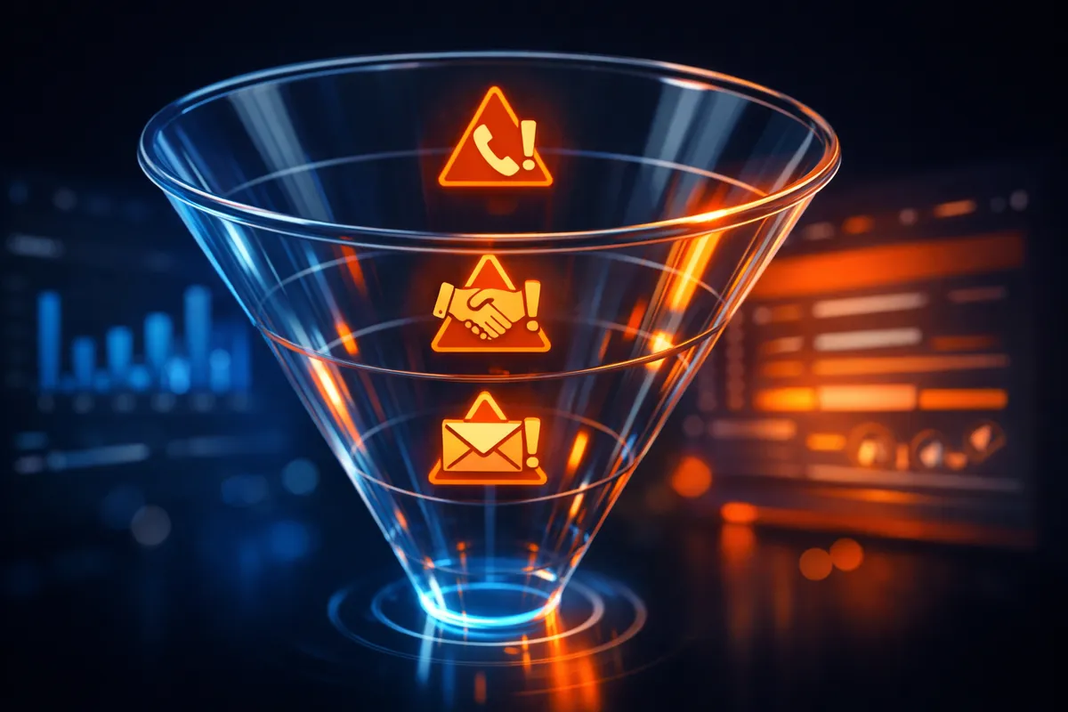Pipeline commercial B2B visualisé comme un funnel avec des signaux d'alerte orange détectés par un dashboard HubSpot