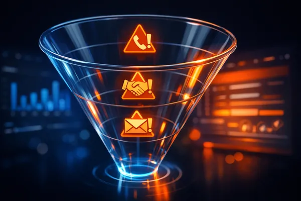 Pipeline commercial B2B visualisé comme un funnel avec des signaux d'alerte orange détectés par un dashboard HubSpot